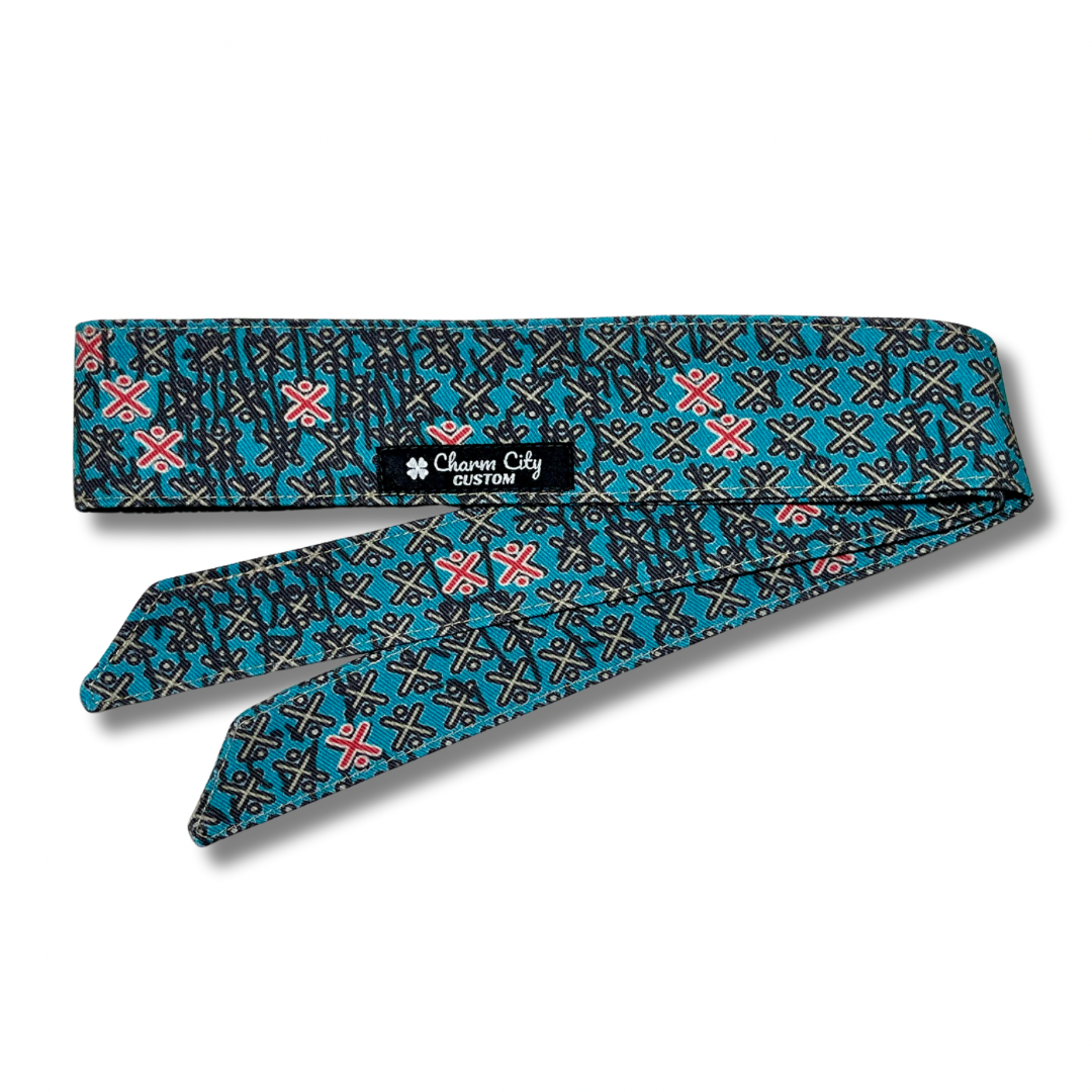 Custom Robins egg blue “Arrowhead” headband with black and red