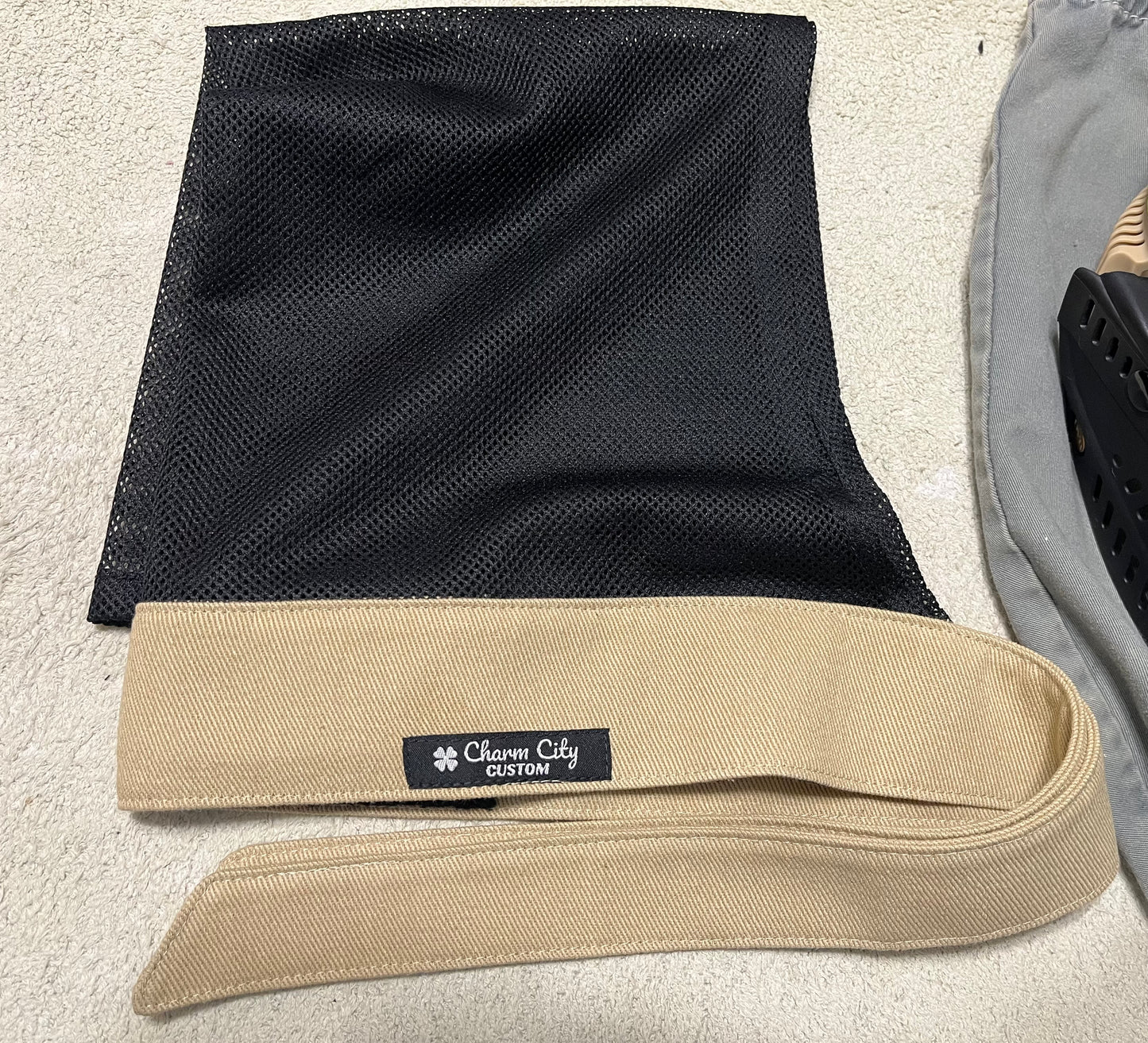 Classic 7oz tan denim full tie headband with black diamond mesh (for Kristian)