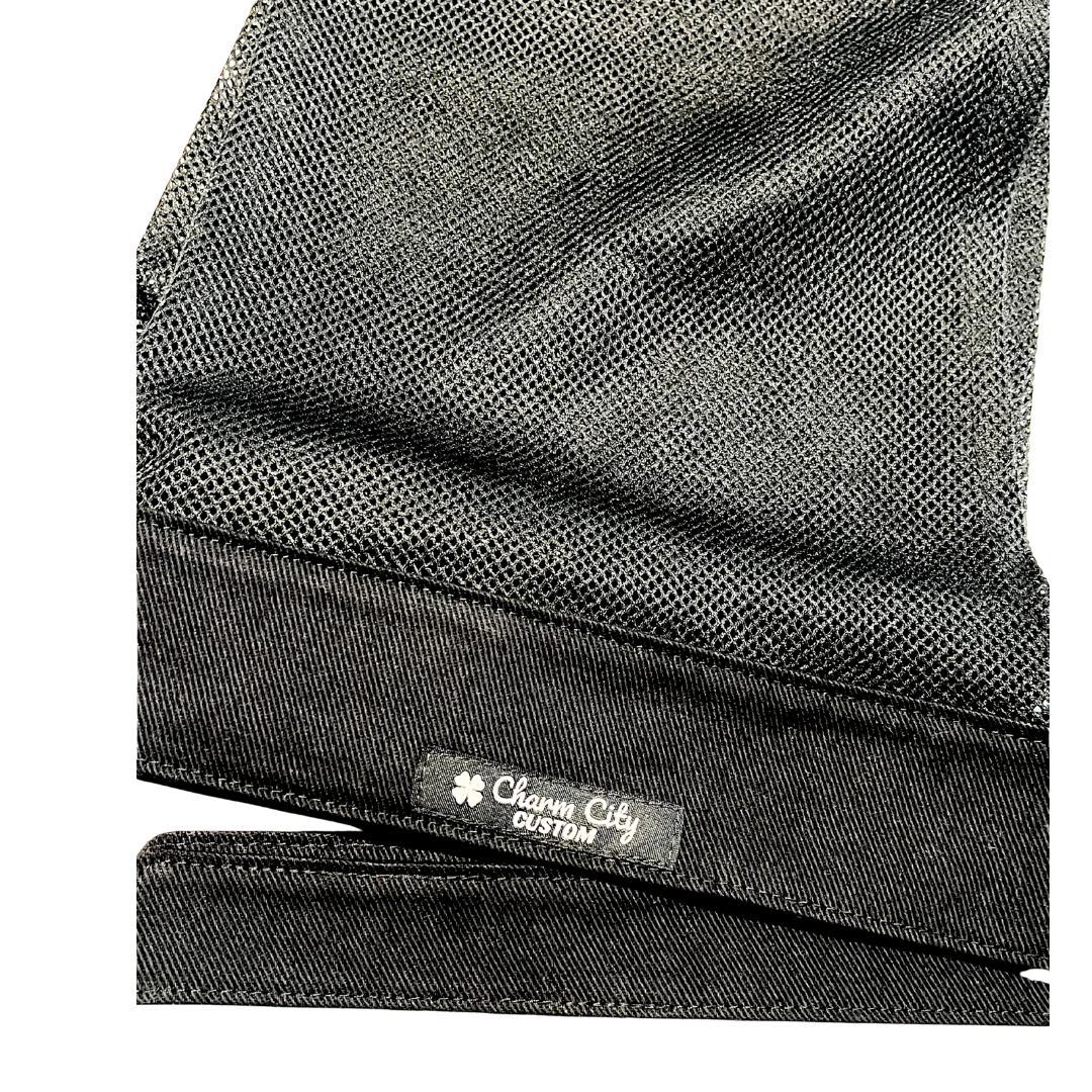 Custom 10oz black denim with black diamond mesh full tie band