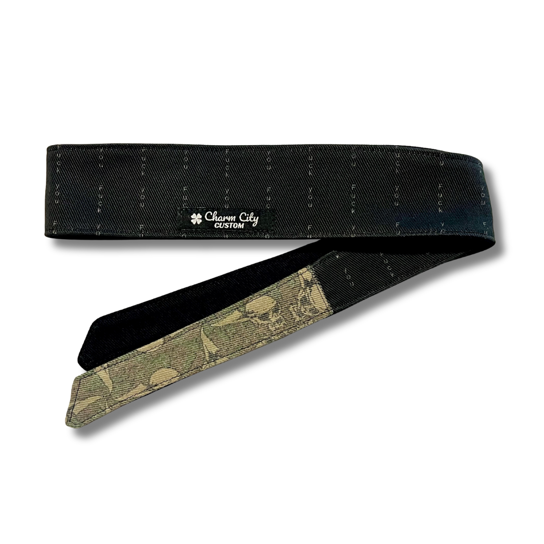 Custom black 10oz “F*CK You” print denim headband with vintage Flying Skulls tails