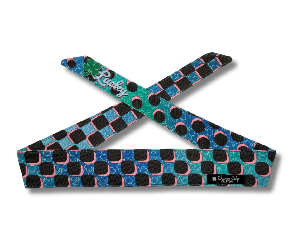 Retro graphic teal checker fade “Lucky” headband