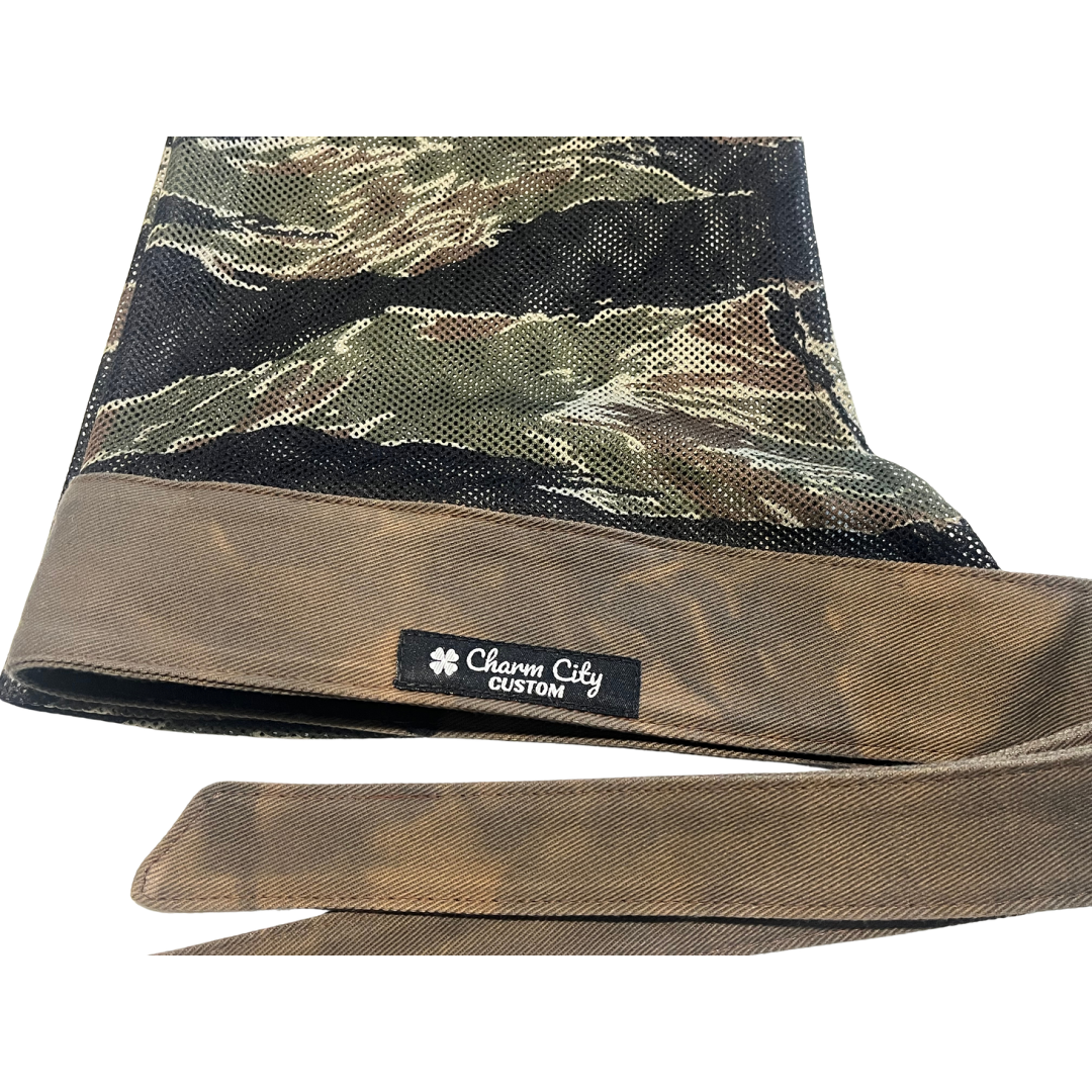 Custom brown hand dyed 10oz denim headband with classic tiger stripe mesh