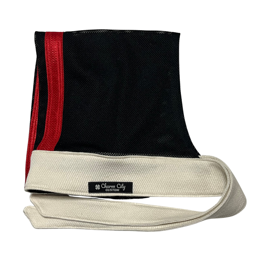 Custom Ivory woven cotton headband with striped red & black mesh