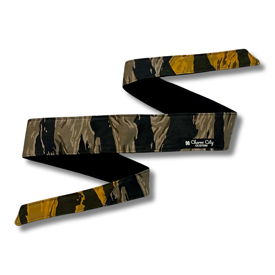 Custom grey tiger stripe headband with gold tiger stripe tails