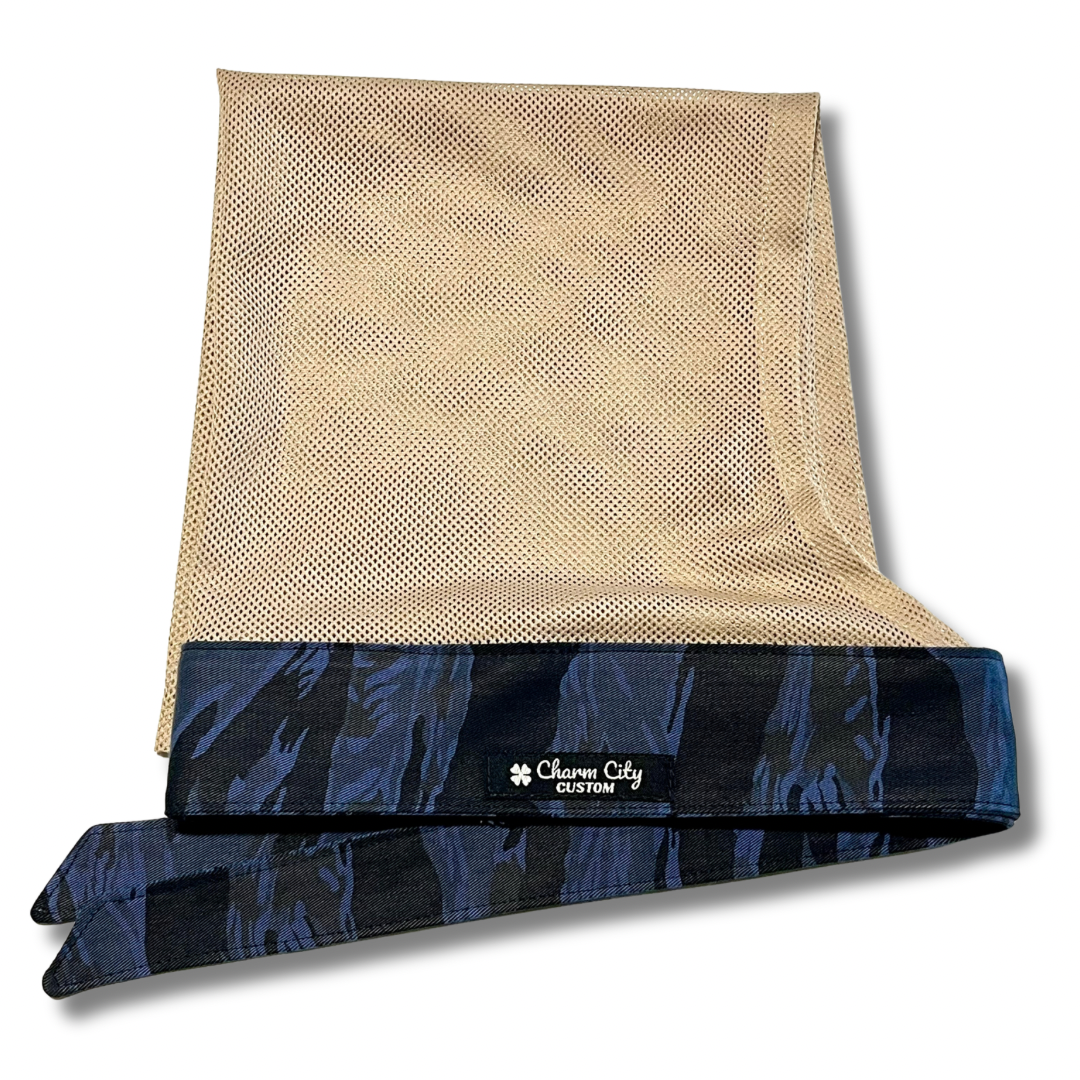 Custom blue Tiger Stripe headband with desert sand diamond mesh