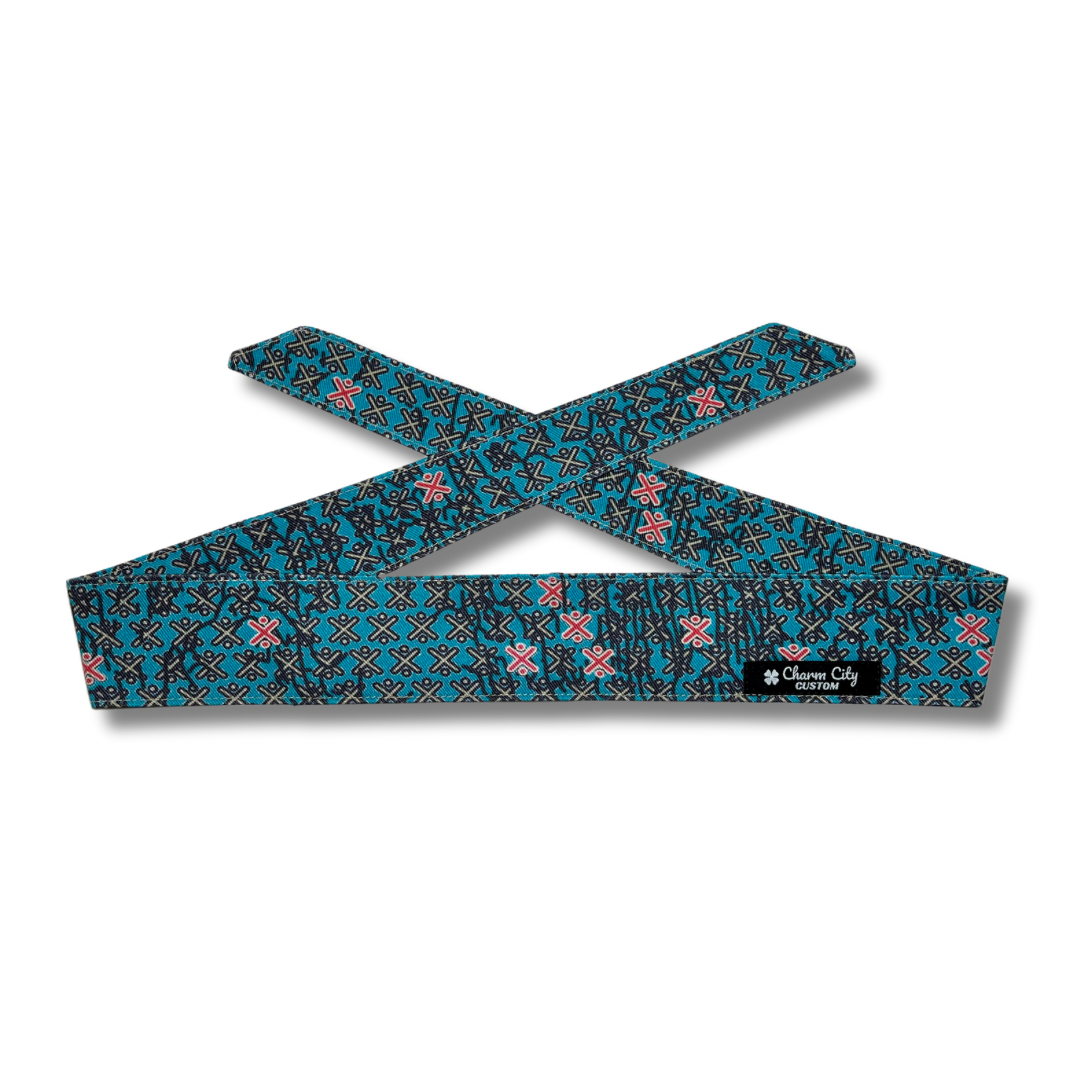 Custom Robins egg blue “Arrowhead” headband with black and red