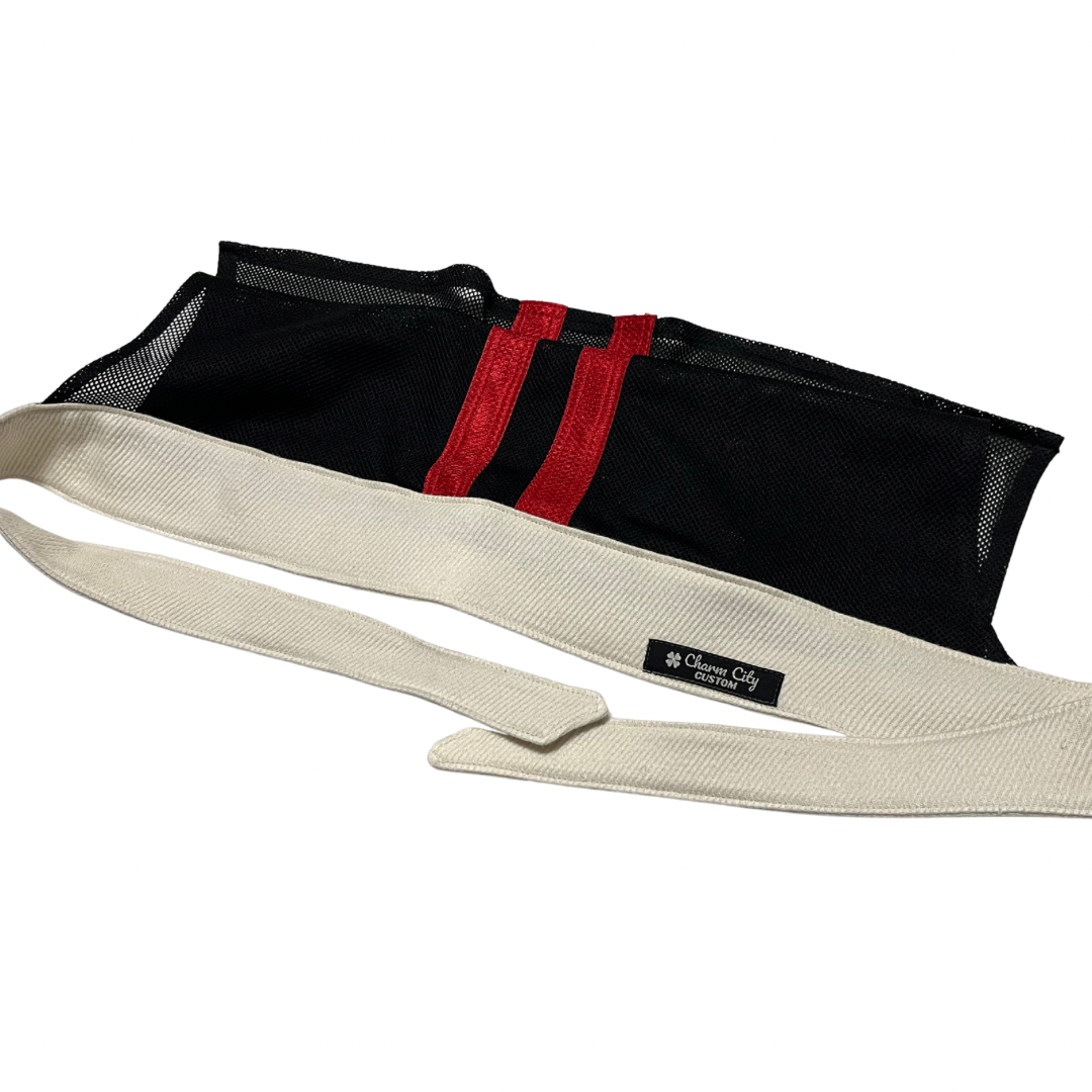 Custom Ivory woven cotton headband with striped red & black mesh