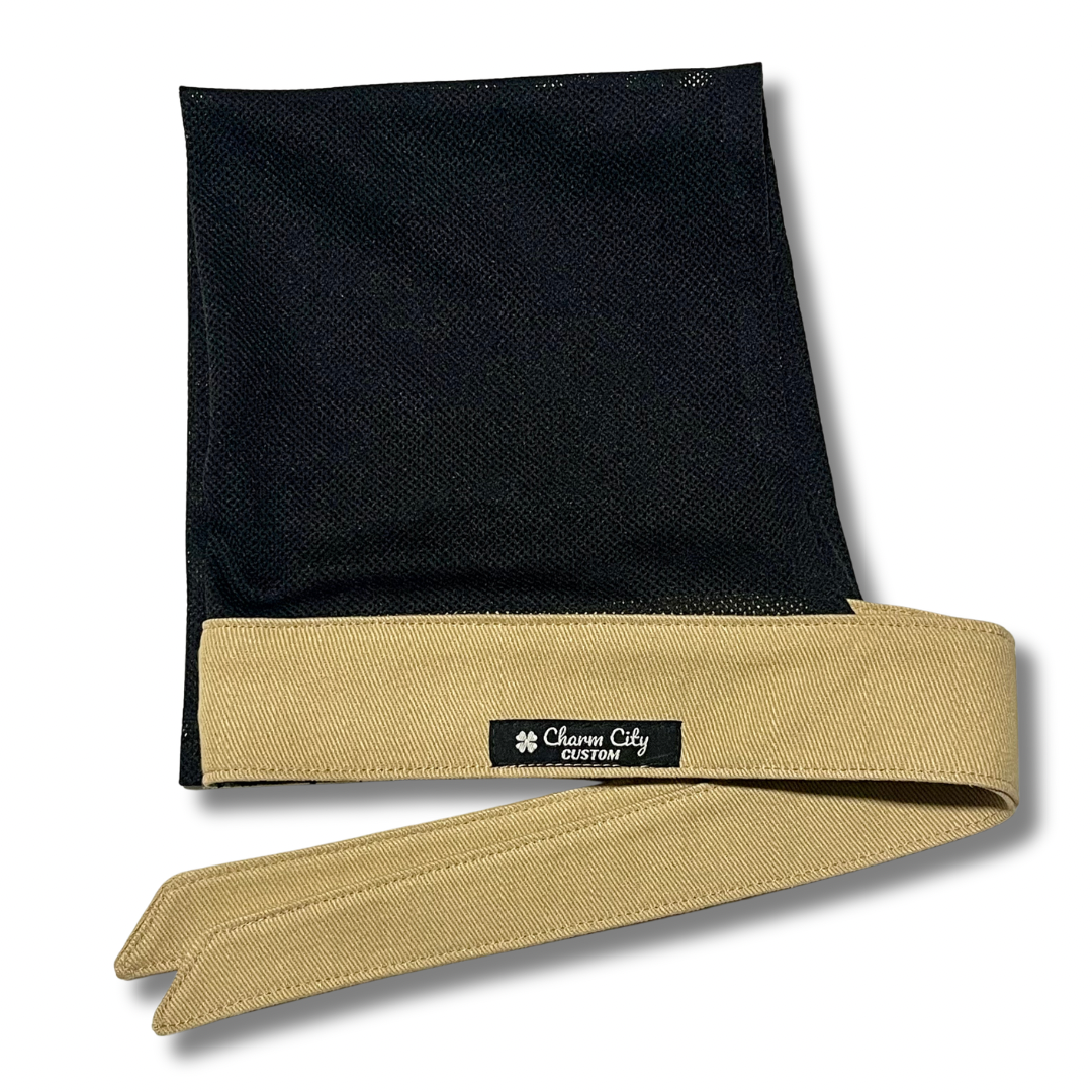 Custom all tan 7oz denim headband with Classic black diamond mesh