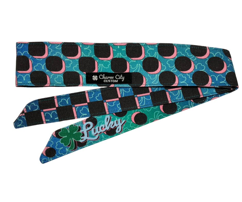 Retro graphic teal checker fade “Lucky” headband