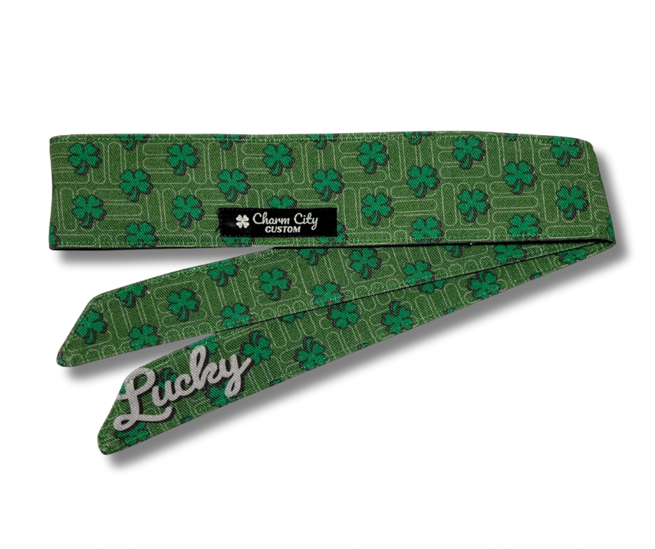 Custom green “Lucky” clover headband