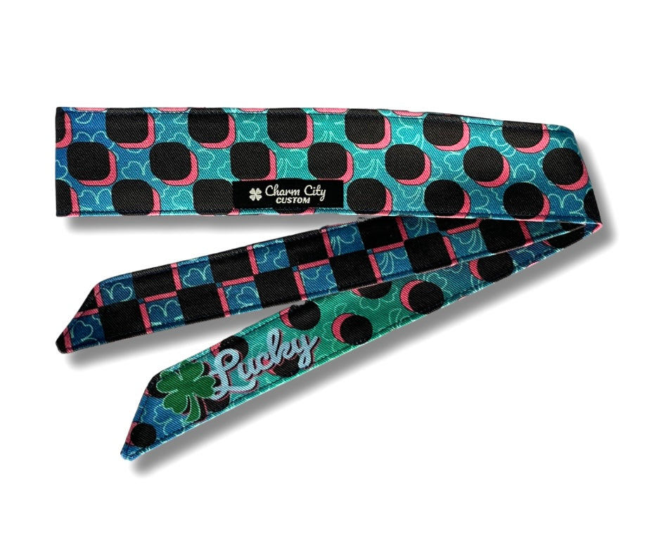 Retro graphic teal checker fade “Lucky” headband