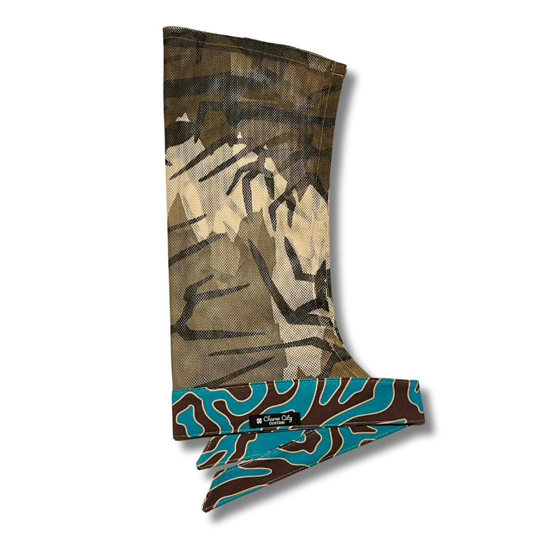 Custom brown/teal full tie headband with vintage Predator mesh