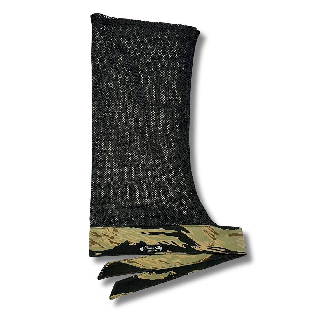 Custom “Oil slick” tiger stripe denim full band with black diamond mesh