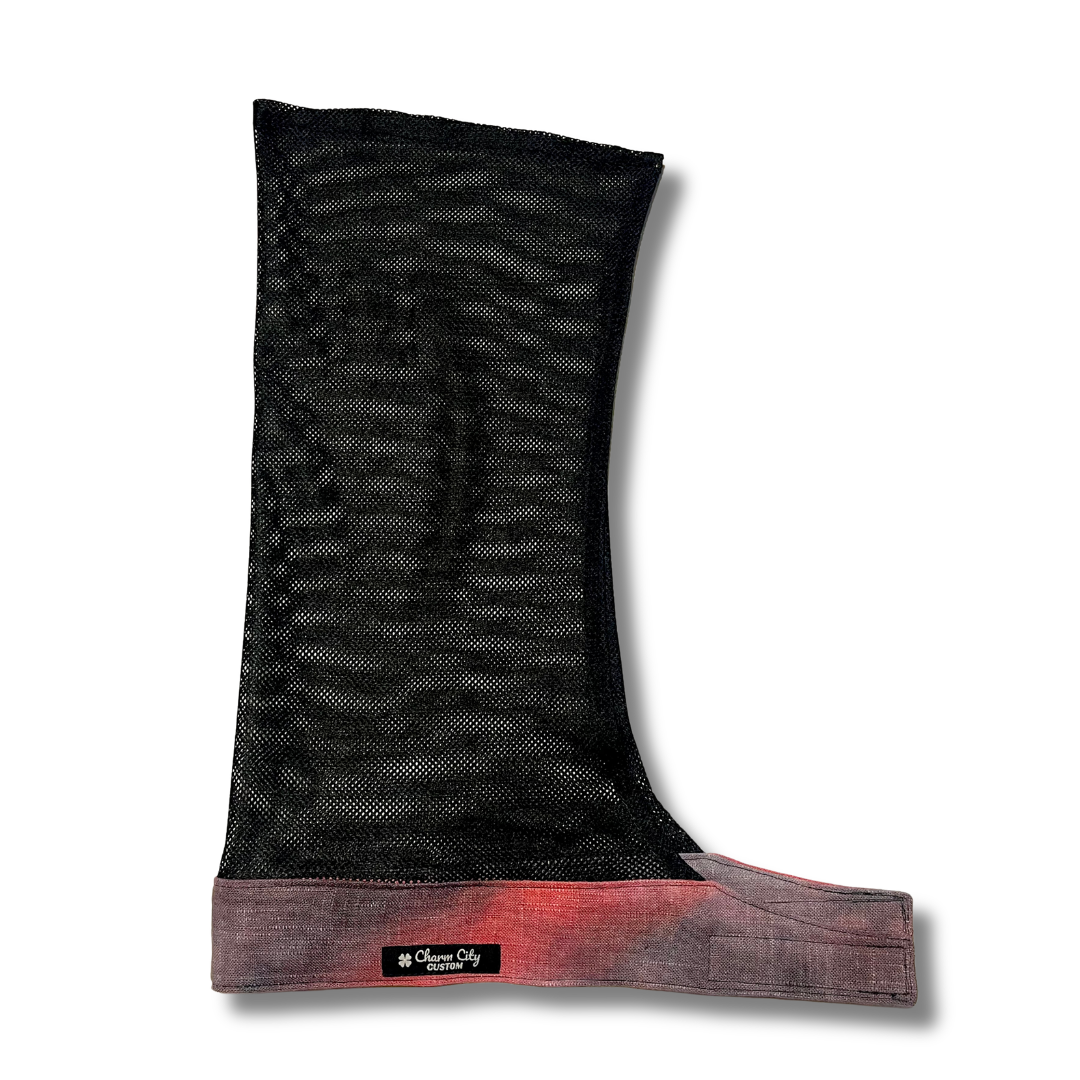 Custom hand dyed "Embers" faded linen Velcro band with black diamond mesh