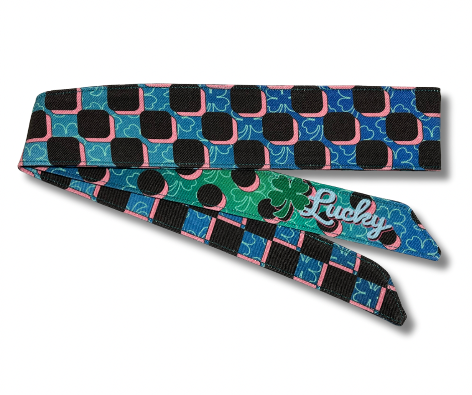 Retro graphic teal checker fade “Lucky” headband