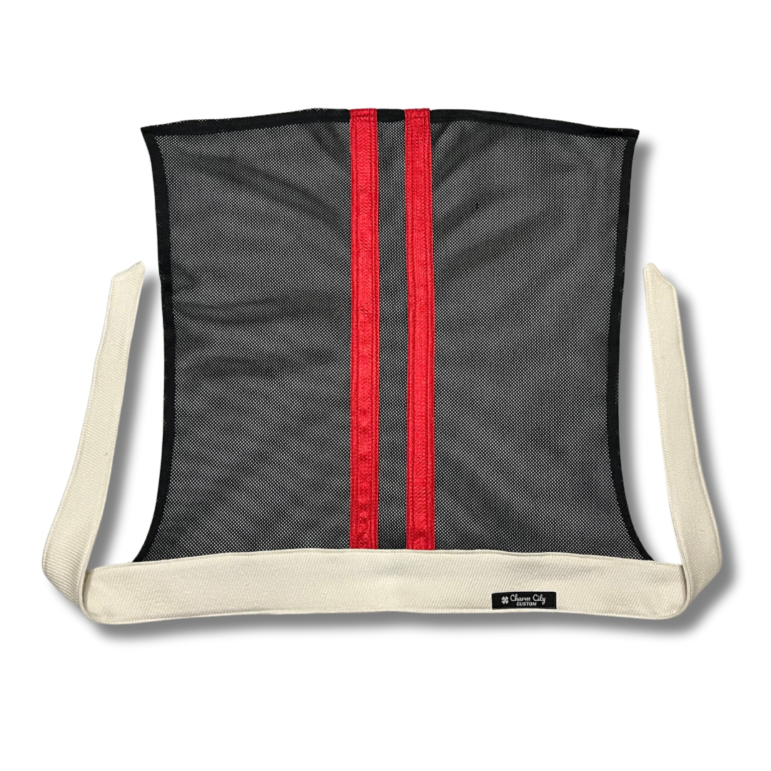 Custom Ivory woven cotton headband with striped red & black mesh