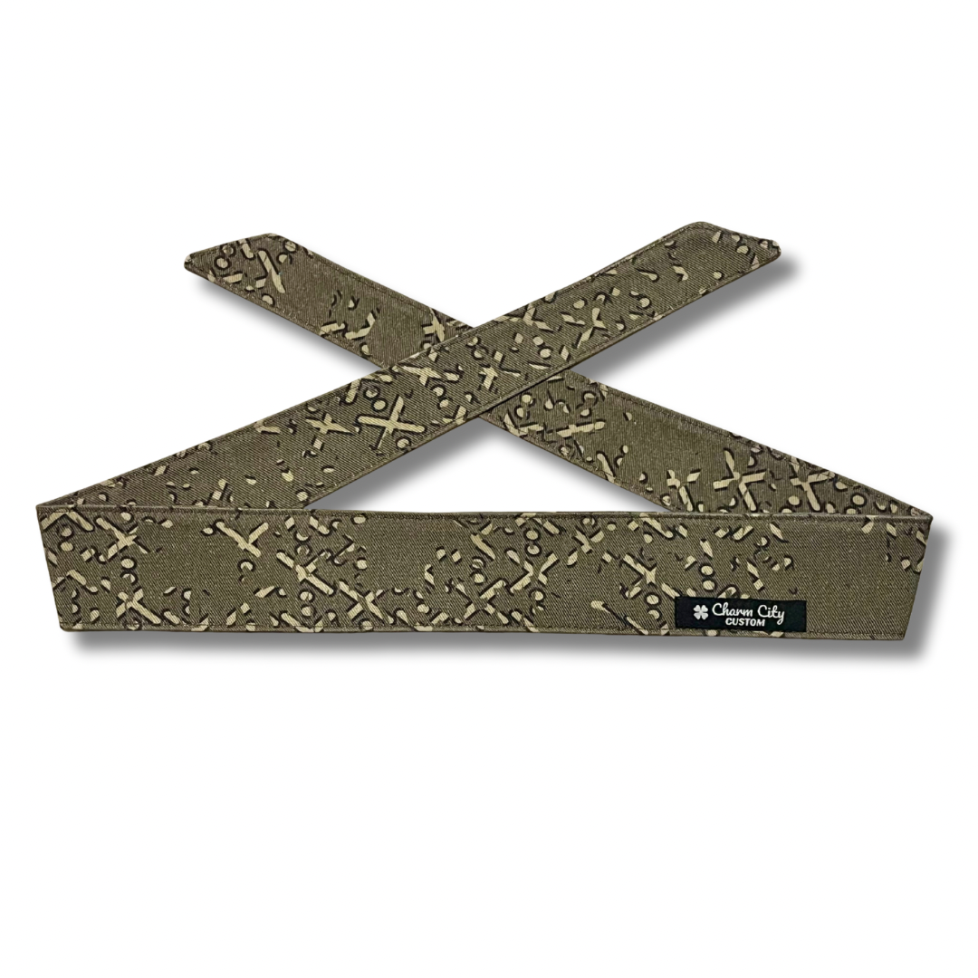 Custom olive and tan “Arrowhead” disrupted camouflage headband