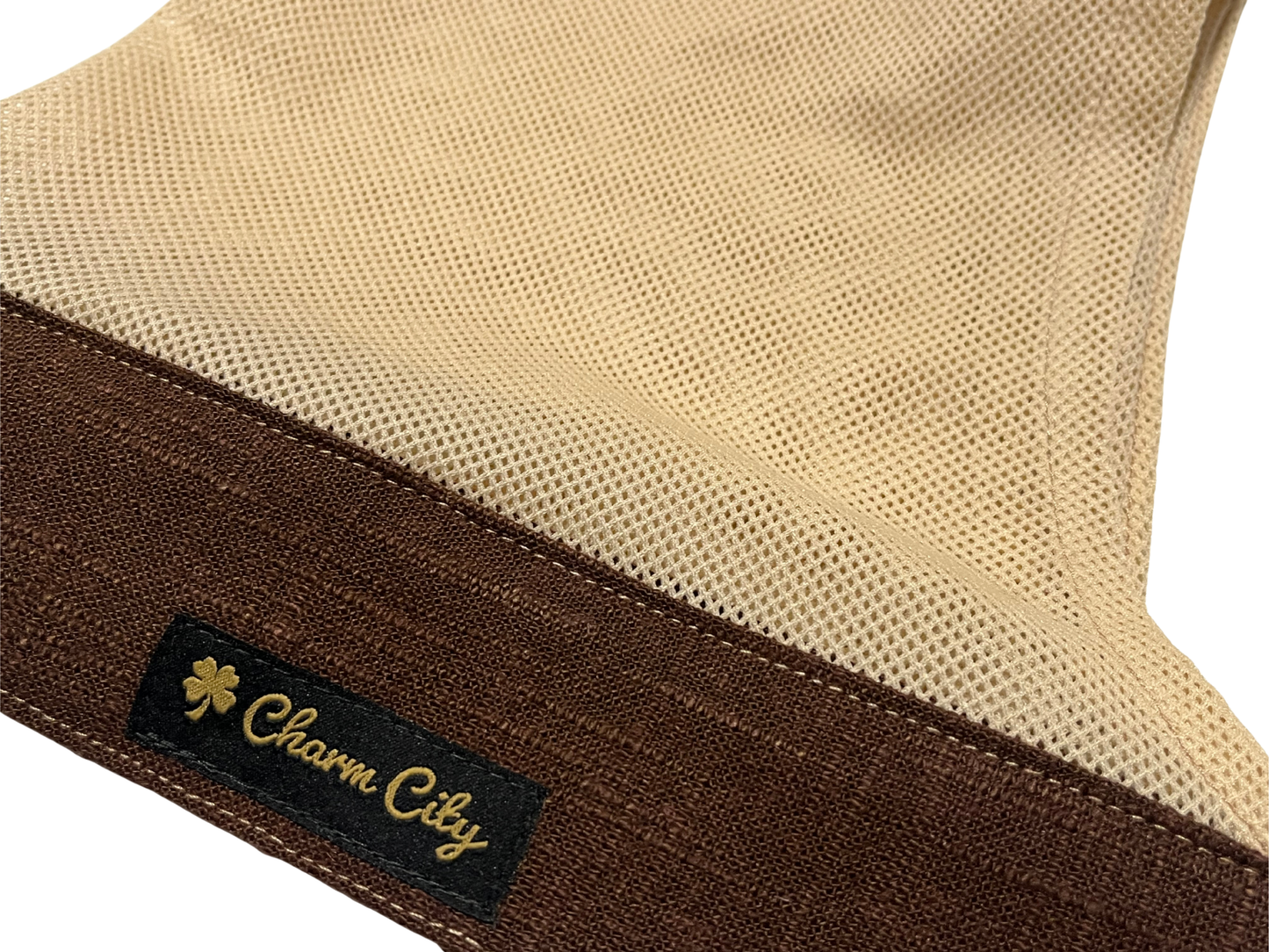 Custom brown heavyweight linen headband with tan mesh