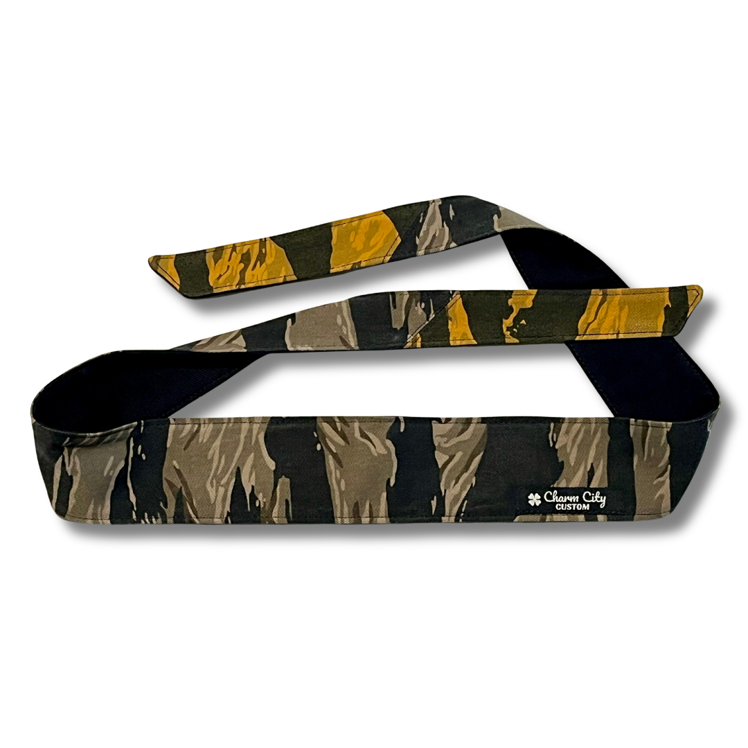 Custom grey tiger stripe headband with gold tiger stripe tails
