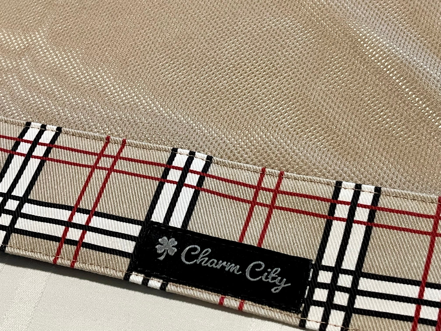 Custom tan plaid full tie band with tan diamond mesh