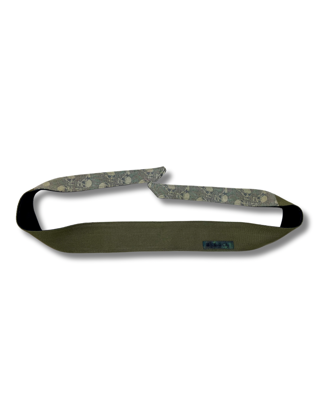 Custom olive denim headband with vintage Flying Skulls tails