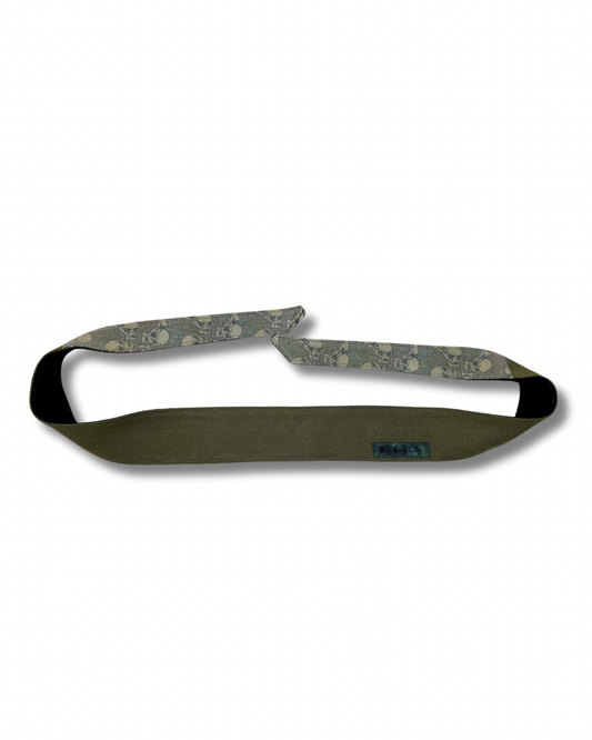 Custom olive denim headband with vintage Flying Skulls tails