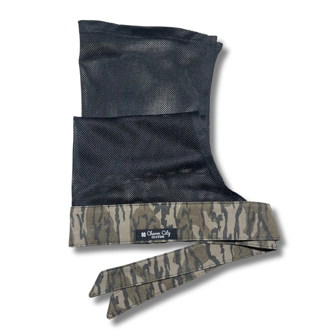 Original Bottomland 9oz bull denim headband with black diamond mesh