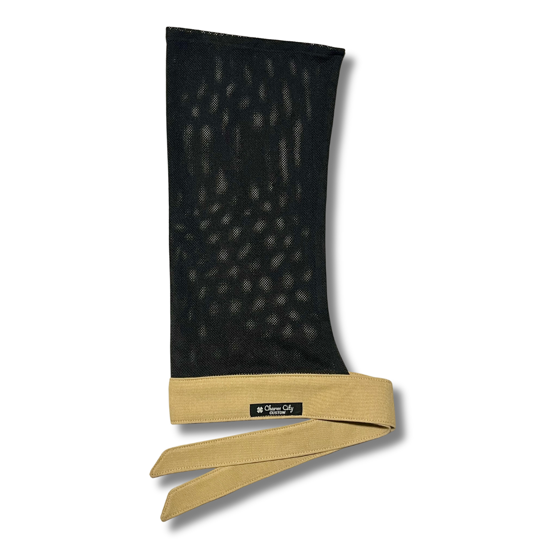 Custom all tan 7oz denim headband with Classic black diamond mesh