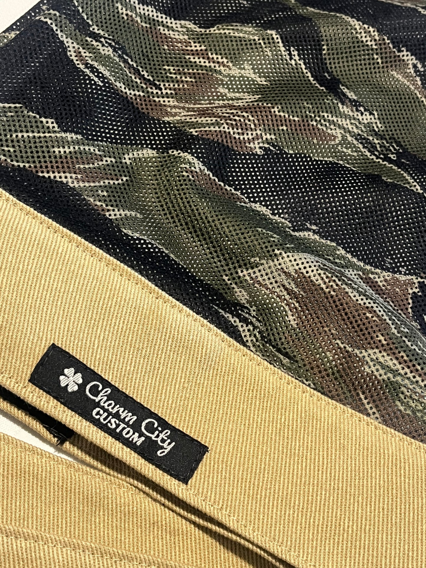 Custom all tan 7oz denim headband with classic tiger stripe mesh