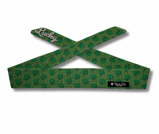 Custom green “Lucky” clover headband