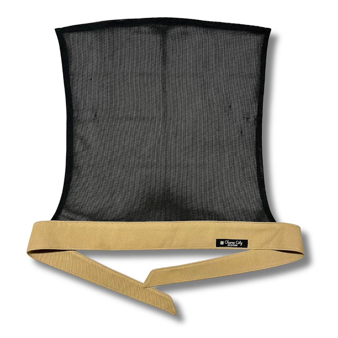 Custom all tan 7oz denim headband with Classic black diamond mesh