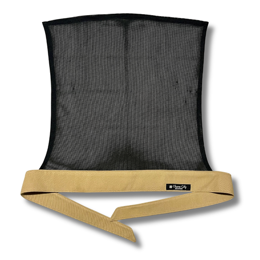 Custom all tan 7oz denim headband with Classic black diamond mesh