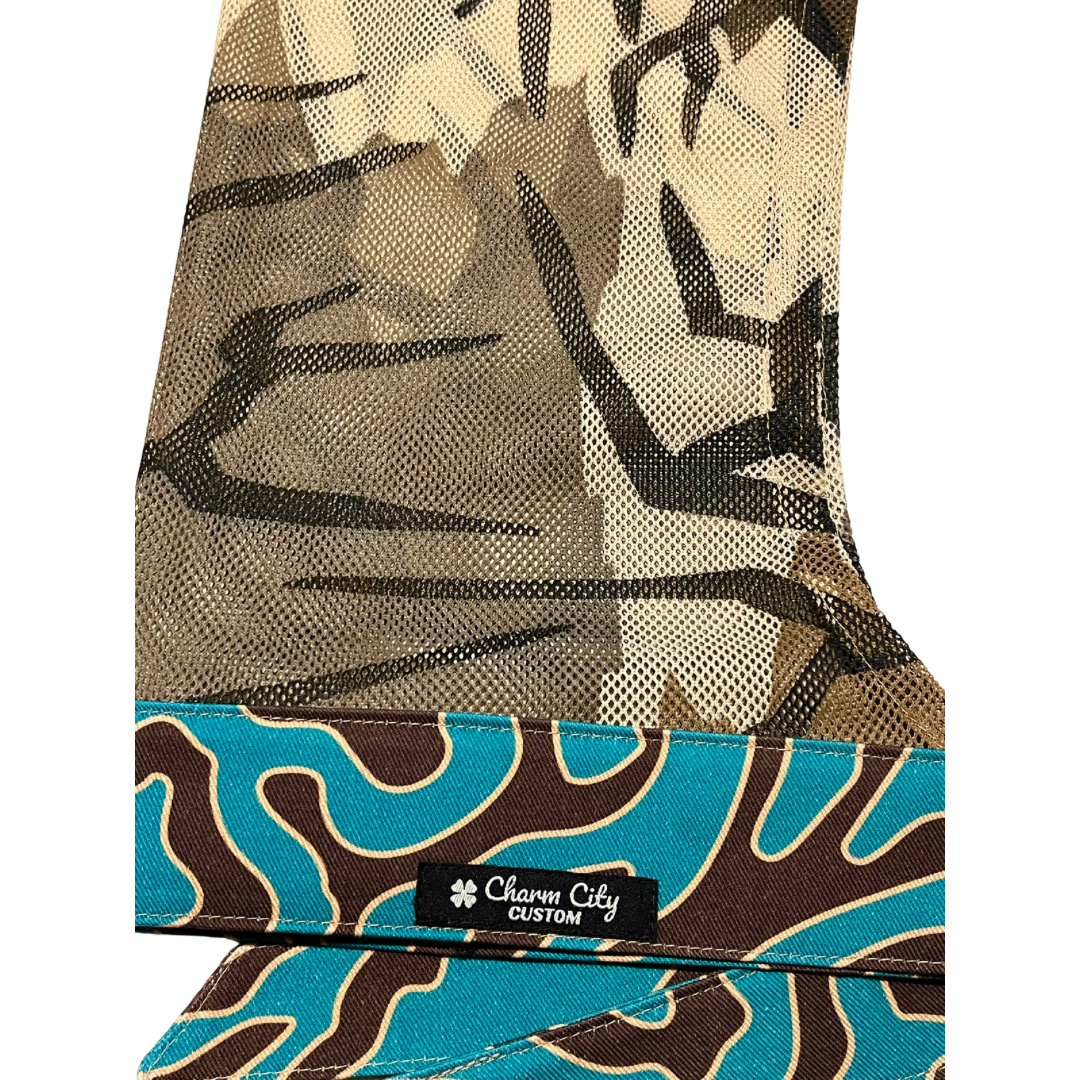 Custom brown/teal full tie headband with vintage Predator mesh