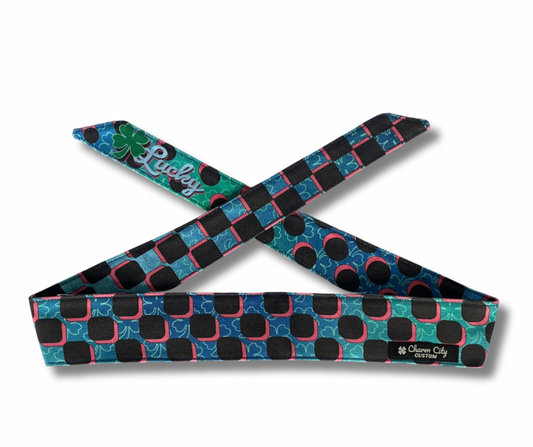 Retro graphic teal checker fade “Lucky” headband