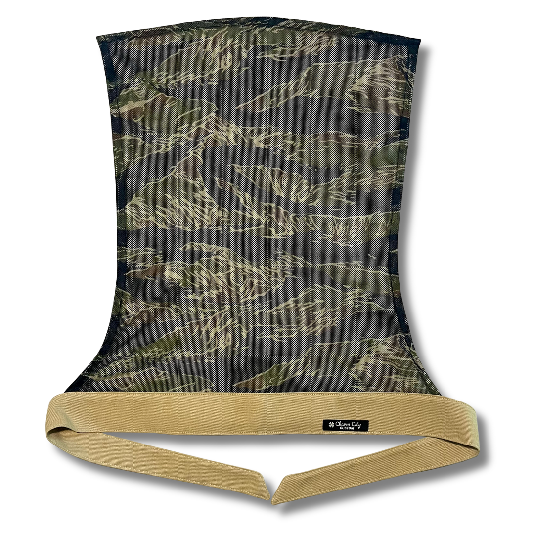 Custom all tan 7oz denim headband with classic tiger stripe mesh