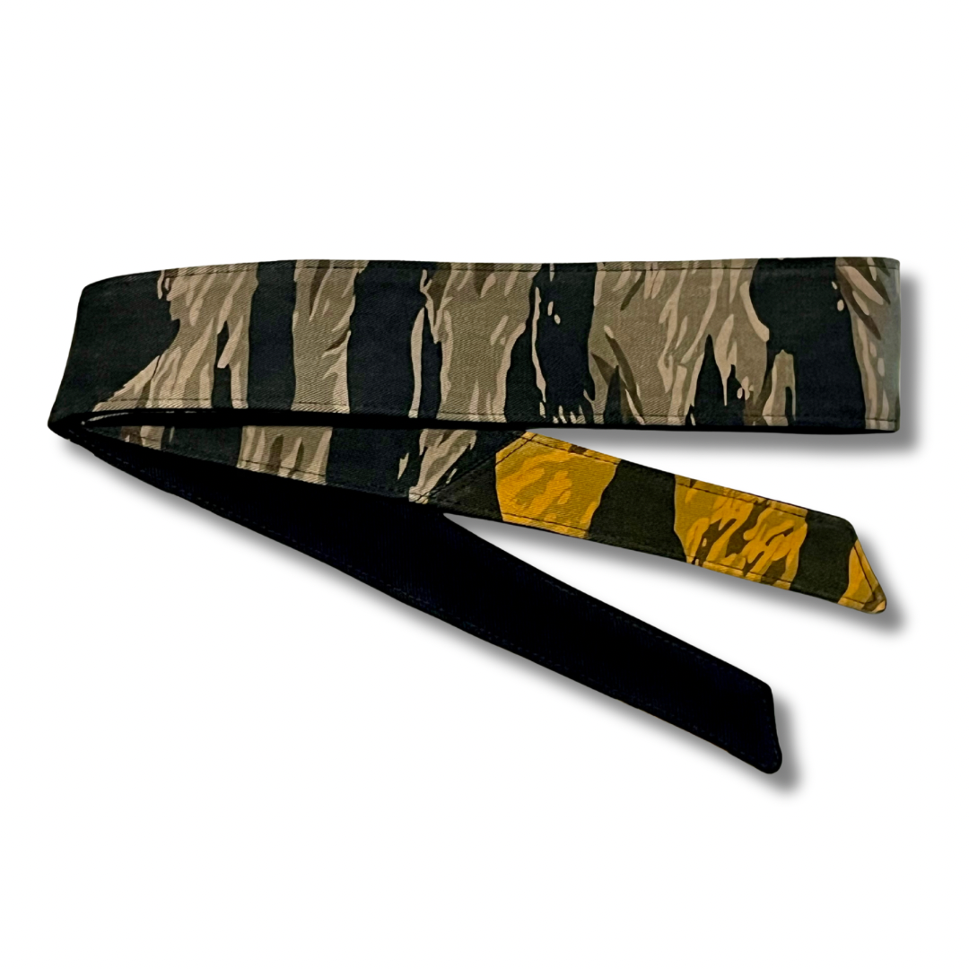 Custom grey tiger stripe headband with gold tiger stripe tails