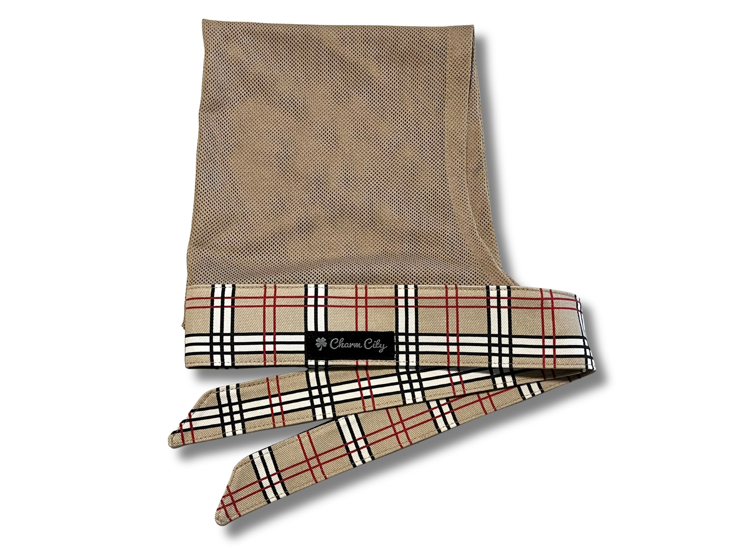 Custom tan plaid full tie band with tan diamond mesh