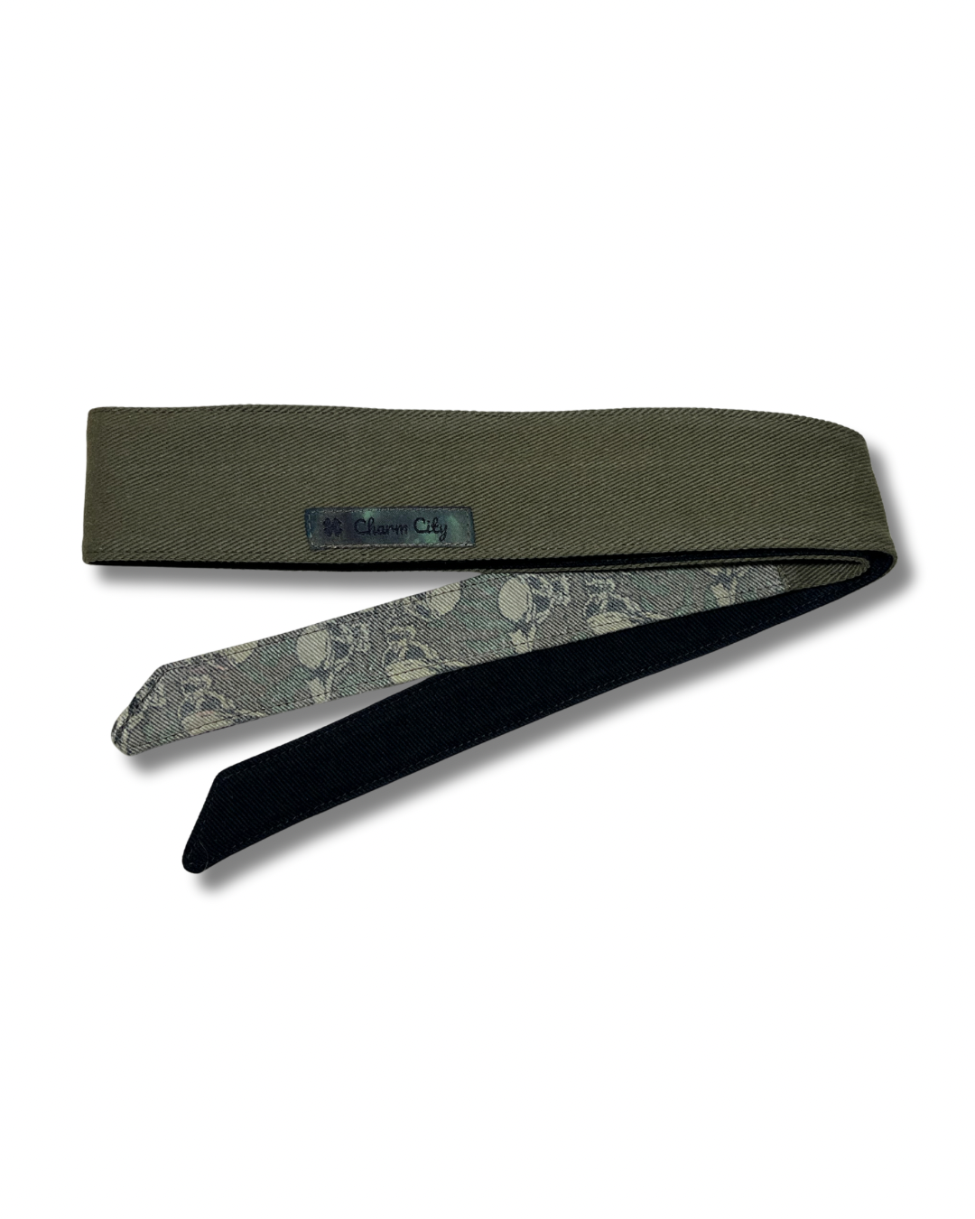 Custom olive denim headband with vintage Flying Skulls tails