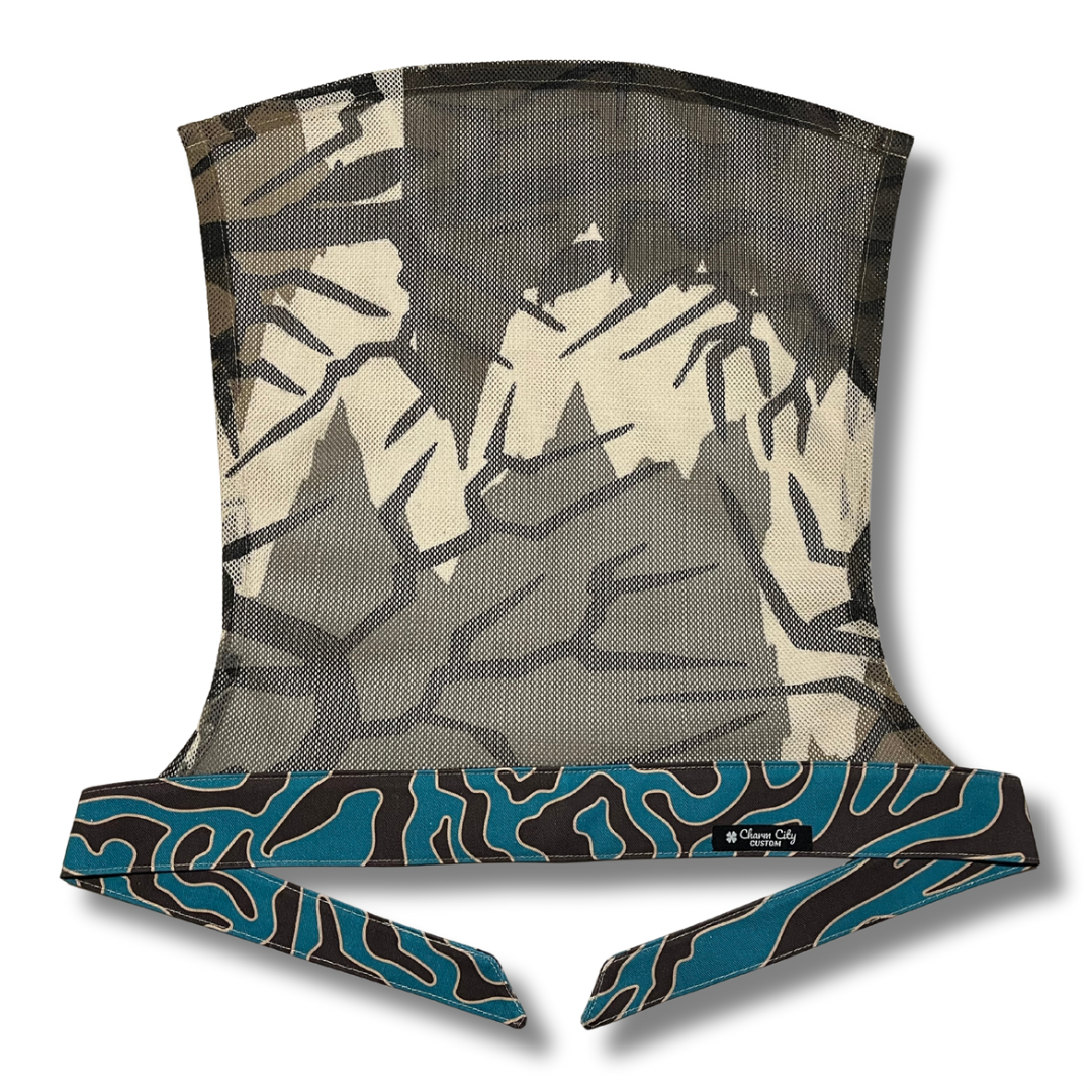 Custom brown/teal full tie headband with vintage Predator mesh