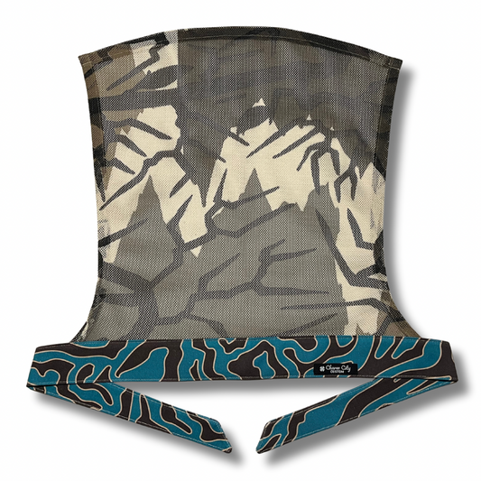 Custom brown/teal full tie headband with vintage Predator mesh