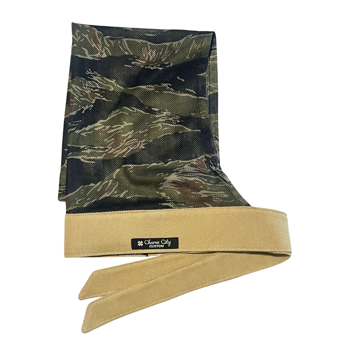 Custom all tan 7oz denim headband with classic tiger stripe mesh