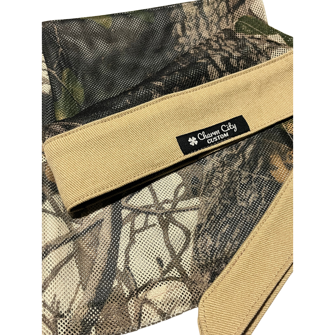 Custom tan 7oz denim full tie headband with Charm City exclusive forest mesh (Copy)