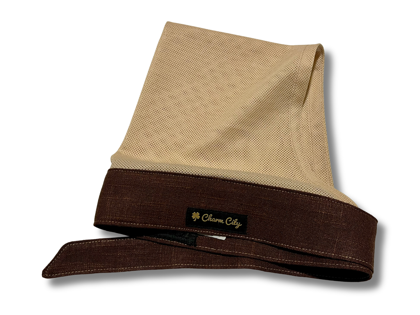 Custom brown heavyweight linen headband with tan mesh