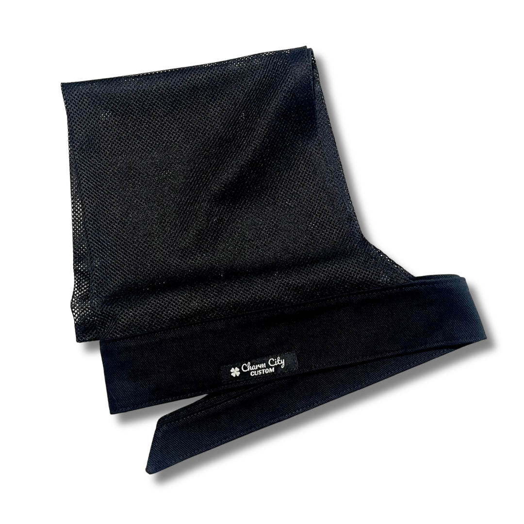 Custom 10oz black denim with black diamond mesh full tie band