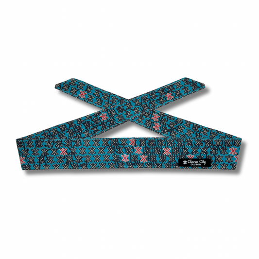 Custom Robins egg blue “Arrowhead” headband with black and red
