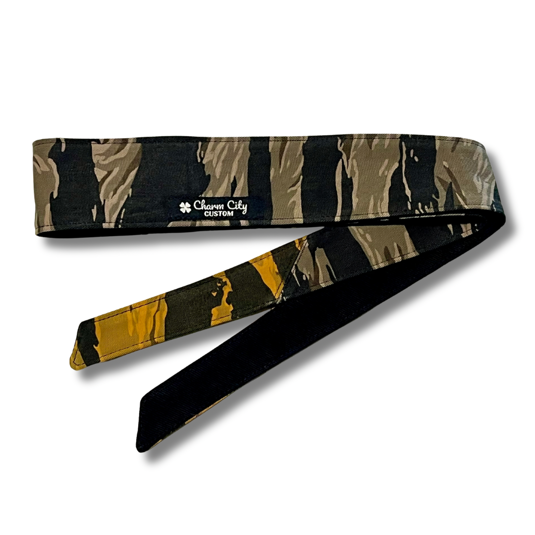 Custom grey tiger stripe headband with gold tiger stripe tails