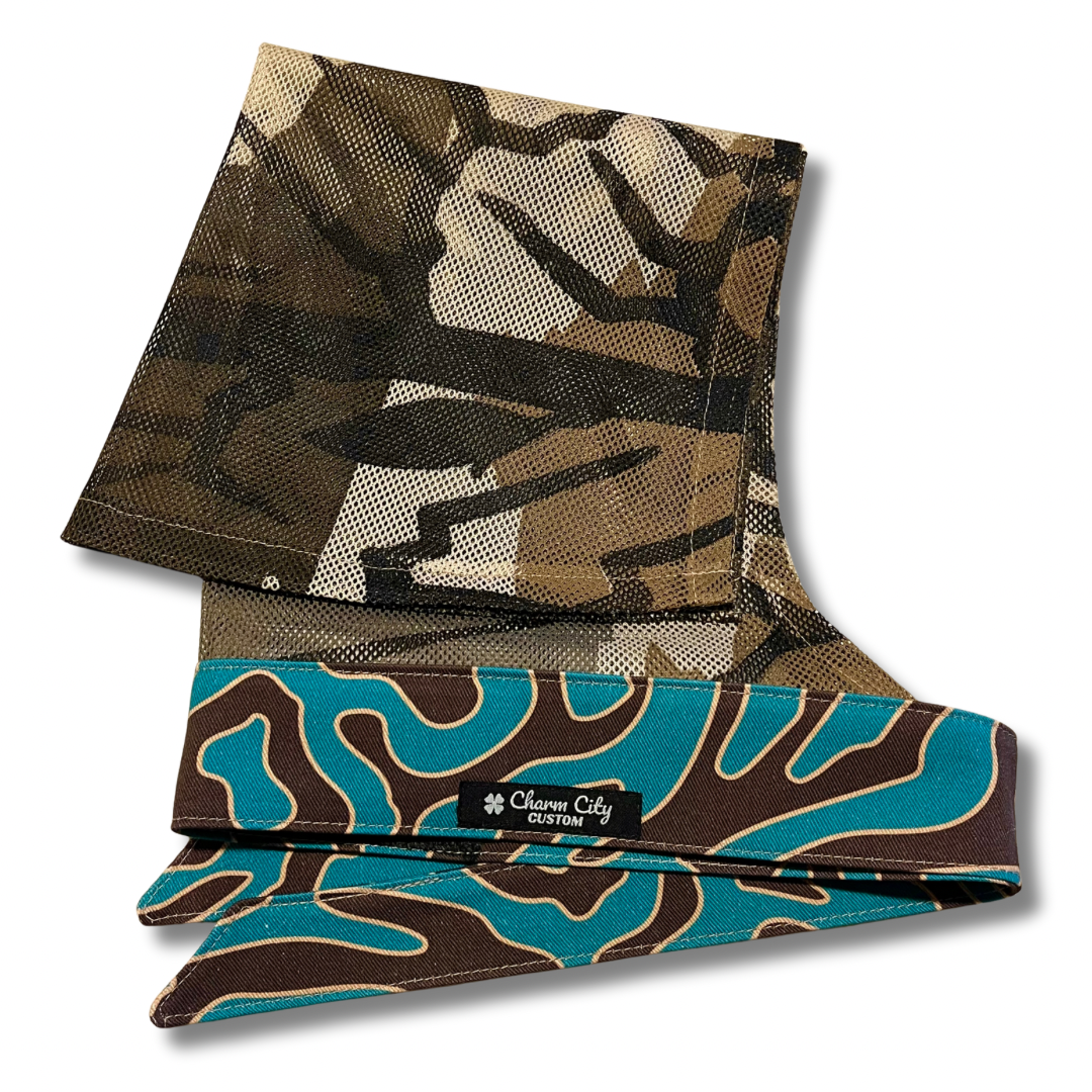 Custom brown/teal full tie headband with vintage Predator mesh