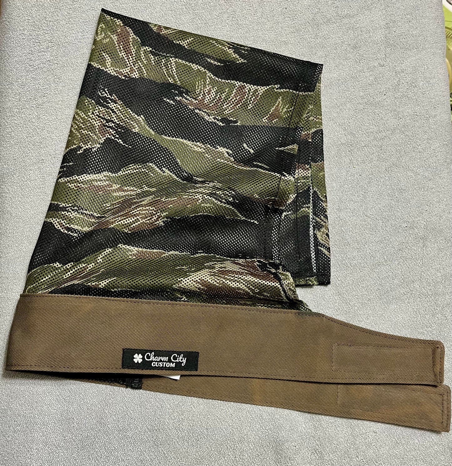 (Austin Adams) Custom brown hand dyed 10oz denim velcro with classic tiger stripe mesh