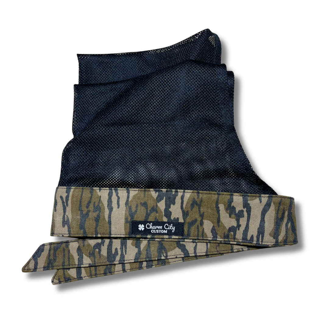 Original Bottomland 9oz bull denim headband with black diamond mesh