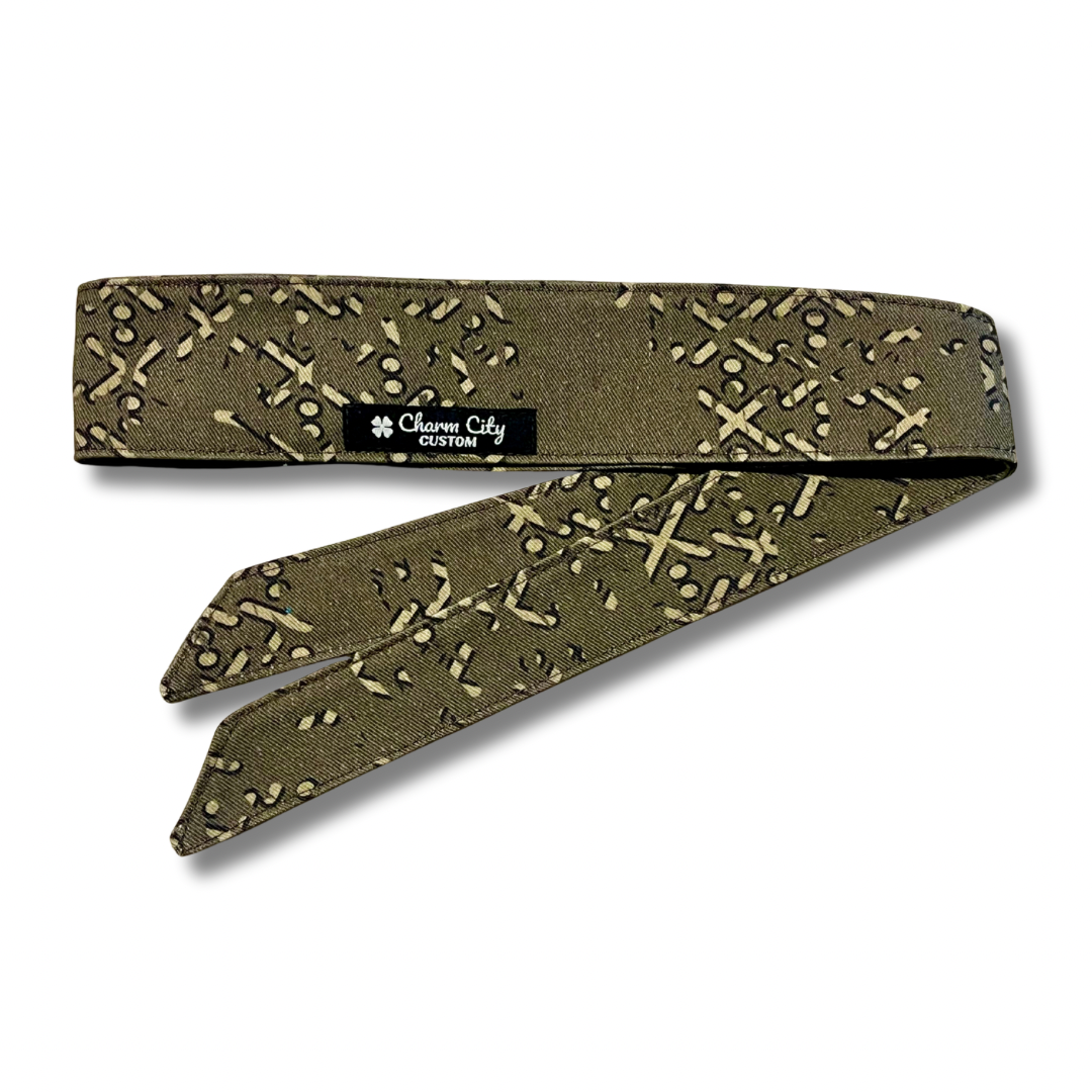 Custom olive and tan “Arrowhead” disrupted camouflage headband